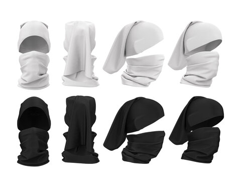 How to wear a seamless bandana on your face and head. Mask, hat, sports headgear. 3D realistic render of mock up clothes. Sports bandana template in black and white color.