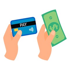 Money. Green dollar bill, cash, Bank card, non-cash payment and currency.  A set of isolated vector symbols. Near field communication.