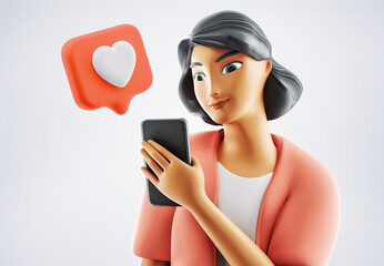 Woman smiling at her phone. Female character holding phone with like popping up on the mobile screen.  Mockup 3d illustration