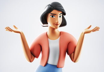 Happy smiling woman gesturing choosing with hands and showing balance. Mockup 3d illustration