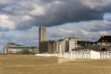 sunset on the bathhouses on the beach of Ostend, Belgium
