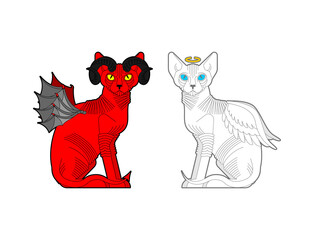 Cat Angel and demon. Red cat with devil horns. White pet with wings and halo