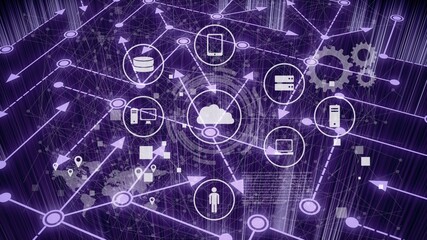 Working data center server room with media illustrations