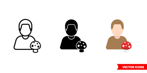 Mushroomer amanita icon of 3 types color, black and white, outline. Isolated vector sign symbol.