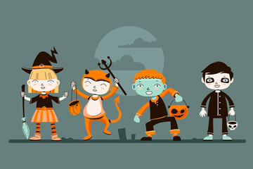 Set of Cute Halloween Kid Character with Costume Vector Illustration