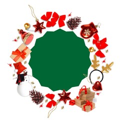 Christmas round banner. Template for new year cards, invitations, banners. Christmas toys form a round frame. Space for text