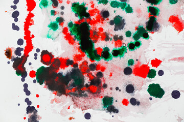 Ink drops on the paper, red, green and blue ink splashes background