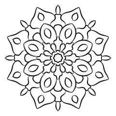 Black outline flower mandala. Doodle round decorative element for coloring book isolated on white background. Floral geometric circle. Vector illustration.