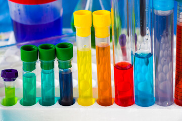 Laboratory instruments, glassware and reagents, colorful liquid chemical elements