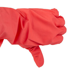 Pink rubber glove on woman hand isolated on the white
