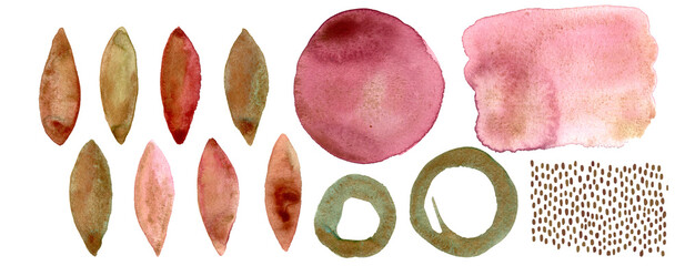 Pink, terracotta, and gold abstract watercolor stains. Textural. Isolated white background.