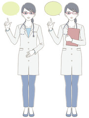 Fototapeta premium 医療・医者手描き風 白衣を着てメガネをかけた女性医師の全身イラストセット