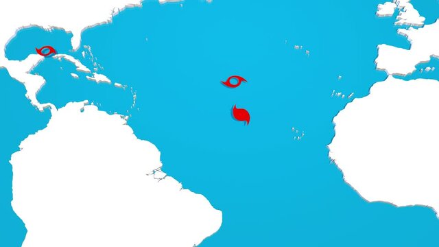 3d map concept of a busy hurricane season with storms forming in the Atlantic ocean and travelling throughout the Caribbean and the United State of America. 
