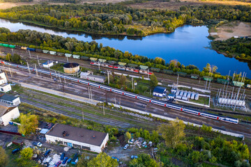 panoramic view of the motorway across the river against the backdrop of a green forest