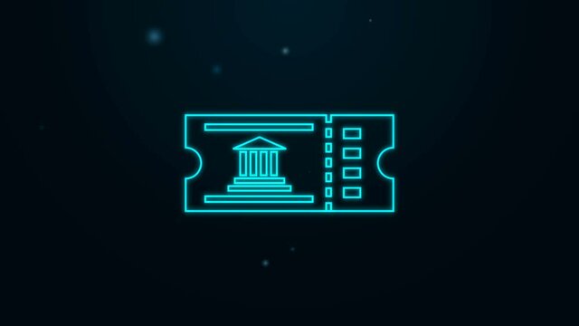 Glowing neon line Museum ticket icon isolated on black background. History museum ticket coupon event admit exhibition excursion. 4K Video motion graphic animation