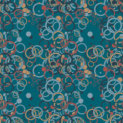 Abstract seamless pattern with colorful chaotic small thin line circles, rings on background. Infinity messy geometric pattern. Vector illustration.
