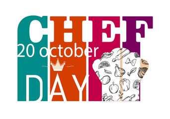 International chef's day vector minimalistic greeting card in trendy autumn colors. Image of a chef's hat, vegetables. EPS10
