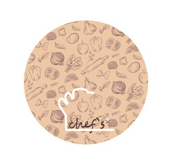 International chef's day vector minimalistic greeting card in trendy autumn colors. Image of a stylized goods hat in a circle with hand-drawn vintage vegetables. EPS10

