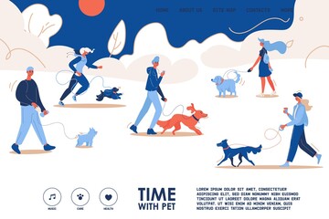 Human walking with dog in the park landing page template. Lovely characters with puppies running, jogging and enjoying friendship. Web page header