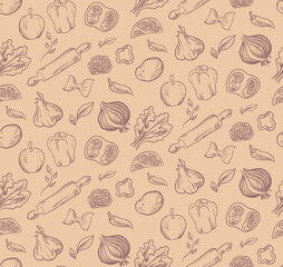 seamless pattern for international chef's day. Images of hand-drawn vintage different vegetables and fruits. Ideal for textiles, covers. EPS10