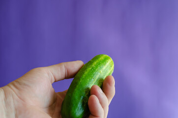Green cucumber in hand on a blue background.