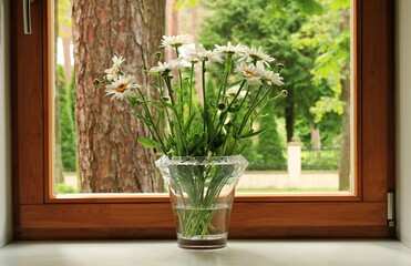 Bouquet of wild flowers chamomile in a glass vase on the windowsill