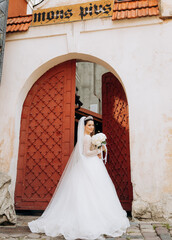 Obraz premium Portrait of a luxury young bride in a white wedding dress with crown on head in the old European city. Woman poses near old door.