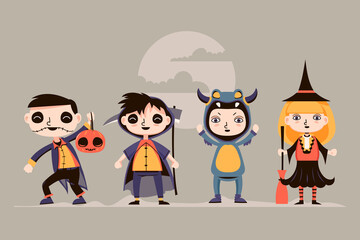 Set of Cute Halloween Kid Character with Costume Vector Illustration