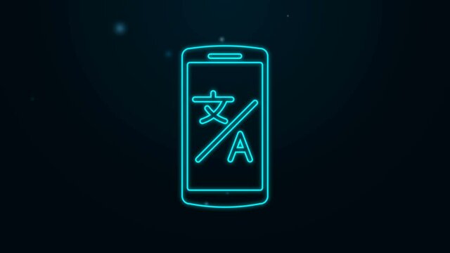 Glowing neon line Online translator icon isolated on black background. Foreign language conversation icons in chat speech bubble. Translating concept. 4K Video motion graphic animation