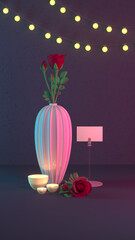 Red rose in a vase, stylish fashionable card for a loved one for a holiday. Fashionable 3D illustration.