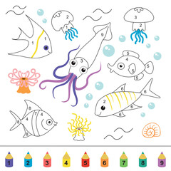 Naklejka na ściany i meble Squid, tropical fish, jellyfish. Coloring book for children. Mini-game coloring by numbers.