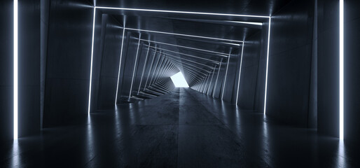 Dark Cement Concrete Spiral Long Tunnel Corridor Spaceship Hangar Garage Glossy White Strips Glowing Light Empty Background Architecture 3D Rendering