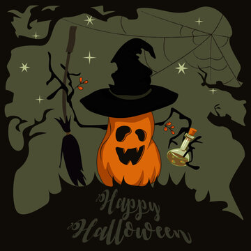 Happy Halloween card with a funny pumpkin wearing witch hat and holding broomstick. There is a bottle with something suspicious in another stick hand of jack o lantern.