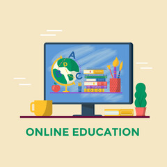 Online education concept. Books and globe on computer screen. Vector template for banner, promo, invitation, ad, landing page