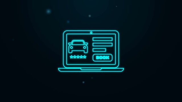 Glowing neon line Online car sharing icon isolated on black background. Online rental car service. Online booking design concept for laptop. 4K Video motion graphic animation