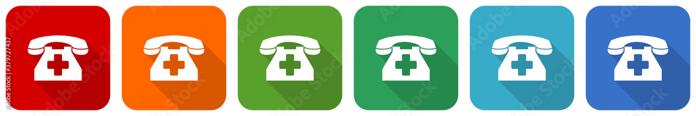 Leinwandbilder emergency call, phone icon set, flat design vector illustration in 6 colors options for webdesign an