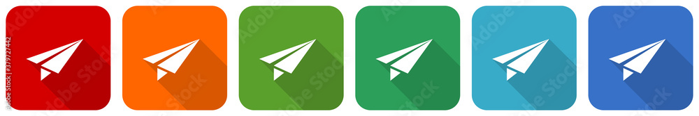 Aufkleber paper plane, fly, flight, airplane icon set, flat design vector illustration in 6 colors options for