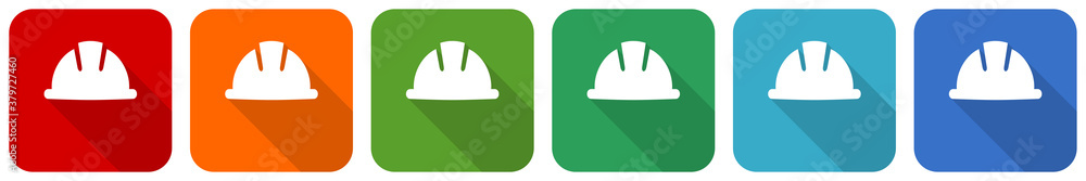 Poster helmet, safety, engineer, worker icon set, flat design vector illustration in 6 colors options for w