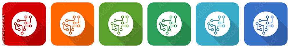 Poster circuit, technology, chip, processor icon set, flat design vector illustration in 6 colors options f