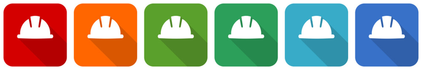Helmet, safety, engineer, worker icon set, flat design vector illustration in 6 colors options for webdesign and mobile applications