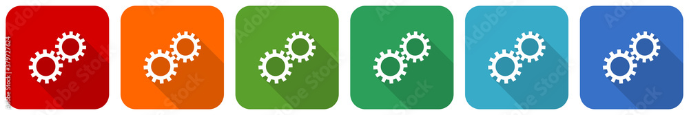 Poster gear, cogwheel icon set, flat design vector illustration in 6 colors options for webdesign and mobil