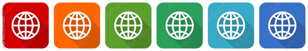 Aufkleber globe, earth, world icon set, flat design vector illustration in 6 colors options for webdesign and 