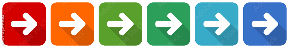 Poster Right arrow, next icon set, flat design vector illustration in 6 colors options for webdesign and mobile applications