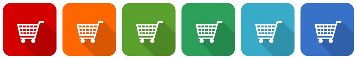 Shopping cart, shop, trolley icon set, flat design vector illustration in 6 colors options for webdesign and mobile applications