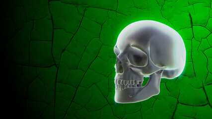 Glowing human skull on green background with cracks. Halloween decoration