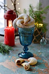 German and Austrian traditional crescent moon cookies with nut filling. Vanillekipferl is crescent shaped biscuits made at Christmas. Holiday baking concept, Christmas cookies.