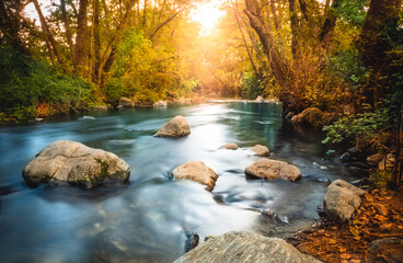 Calm blue river flowing in the forest, in autumn at sunset.