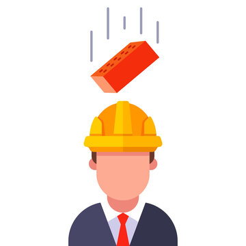 a brick falls on the head of a man in a helmet. flat vector character illustration.