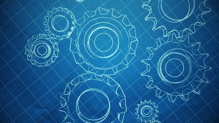 Abstract background with animation of blueprint drawing gears, engines, buildings, airplanes and earth globes. Animation of seamless loop. - Powered by Adobe