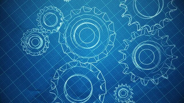 Abstract background with animation of blueprint drawing gears, engines, buildings, airplanes and earth globes. Animation of seamless loop.